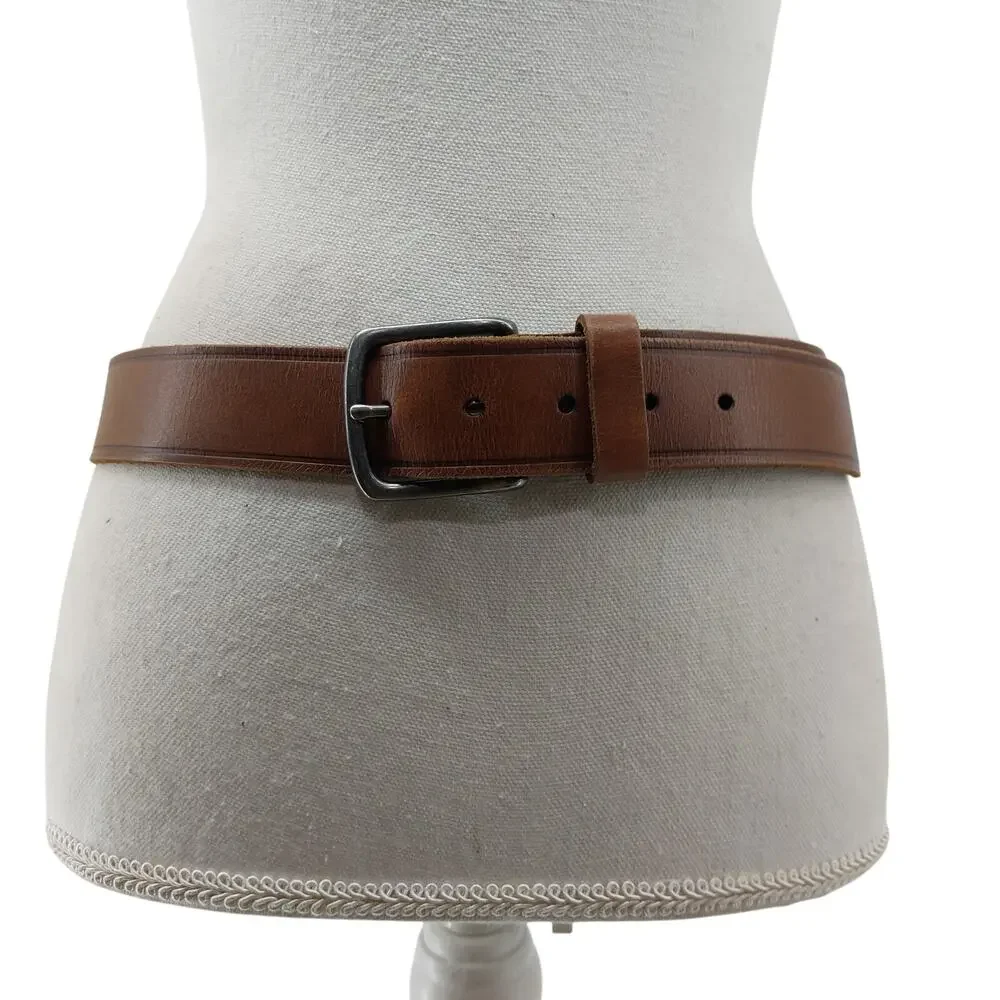 Wrangler Mens Brown Leather Belt Sz 34 Silver 1 Prong Buckle